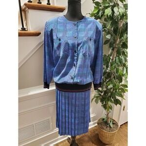 Vintage B.G.B Blue 100%Polyester Buttons Long Sleeve 2 Piece Top & Skirt Dress